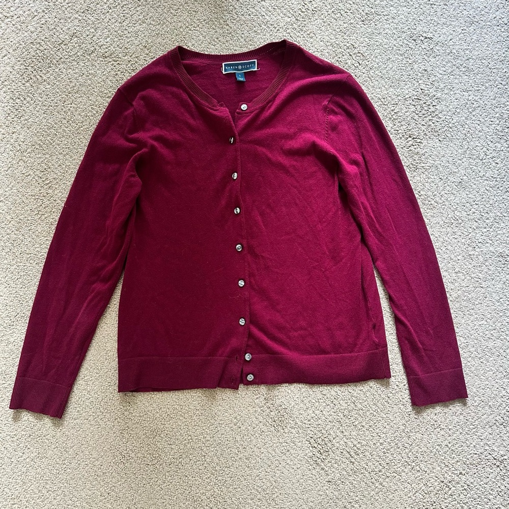 Burgundy Cardigan Sweater Fine-Gauge Knit